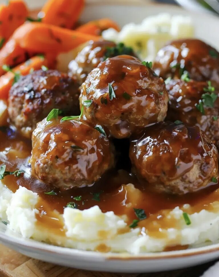 Salisbury Meatballs With Mashed Potatoes And Garlic Thyme Glazed Carrots Recipe