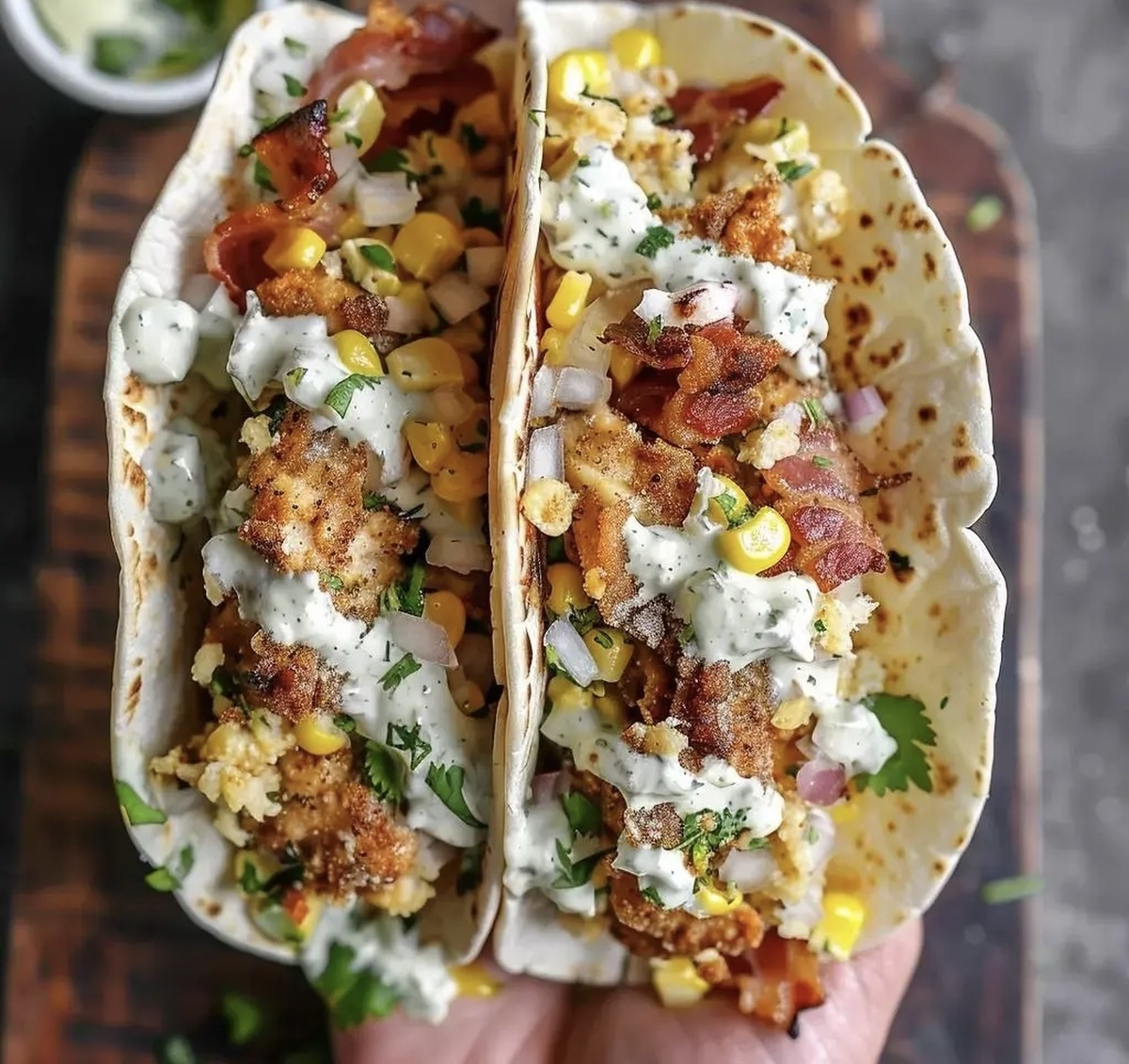 Fried Chicken Street Corn Tacos with Bacon and Jalapeno Lime Ranch Recipe