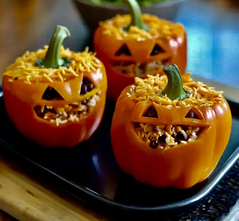 Halloween Shredded Chicken & Rice Stuffed Peppers Recipe