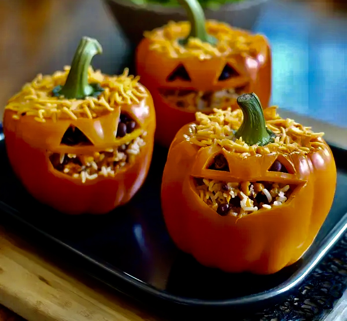 Halloween Shredded Chicken & Rice Stuffed Peppers Recipe
