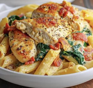 Chicken Bacon and Pasta with Spinach and Tomatoes in Garlic Cream Sauce Recipe