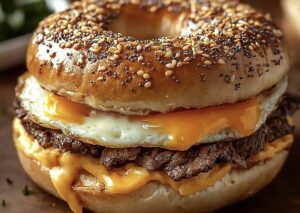 Hearty Steak Egg and Cheese Bagel Sandwich Recipe