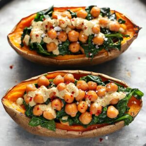 Chickpea Spinach Stuffed Sweet Potatoes Recipe