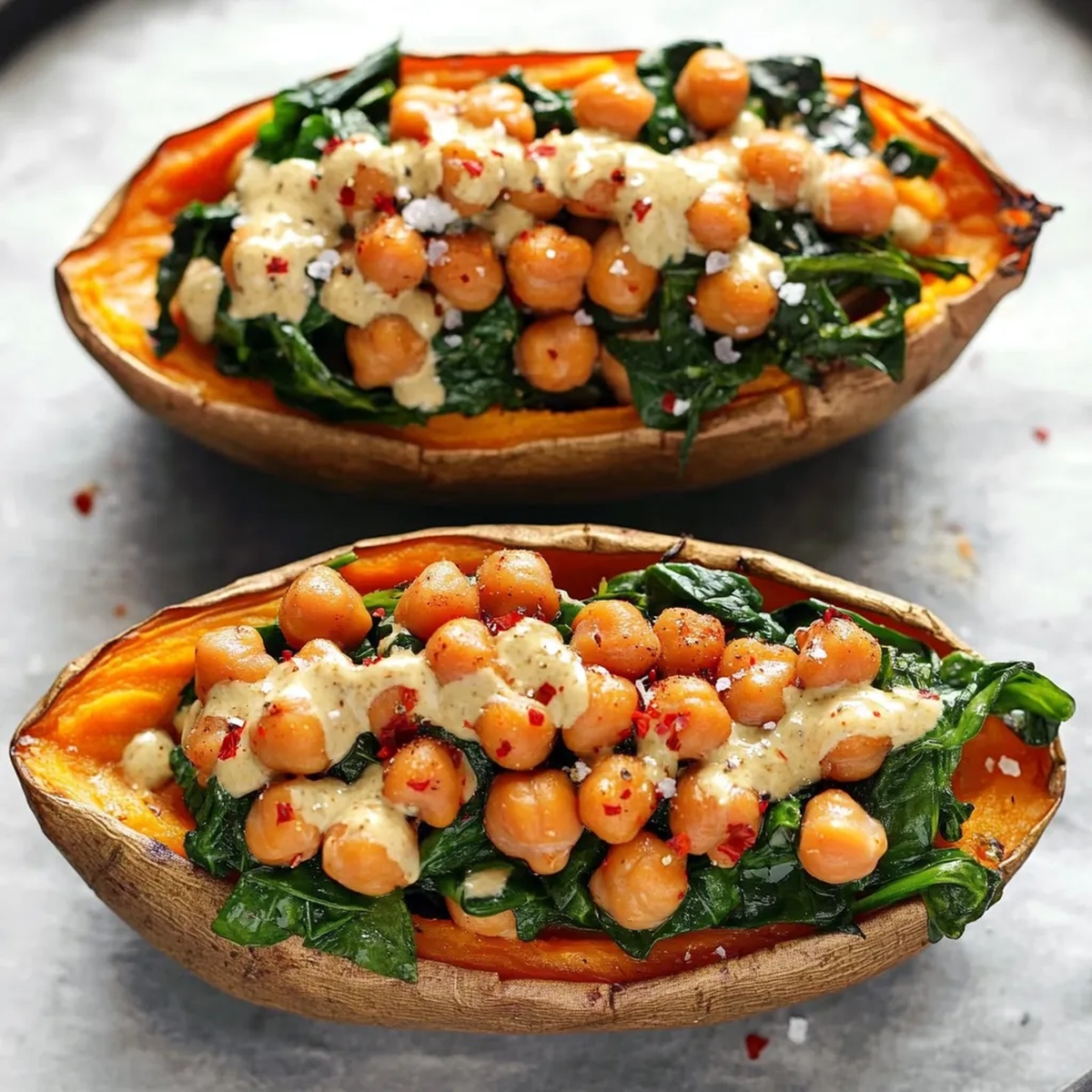 Chickpea Spinach Stuffed Sweet Potatoes Recipe